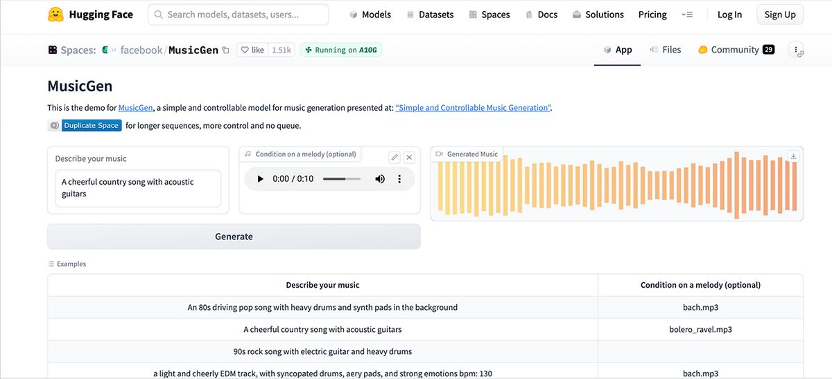 Meta MusicGen AI music generator interface